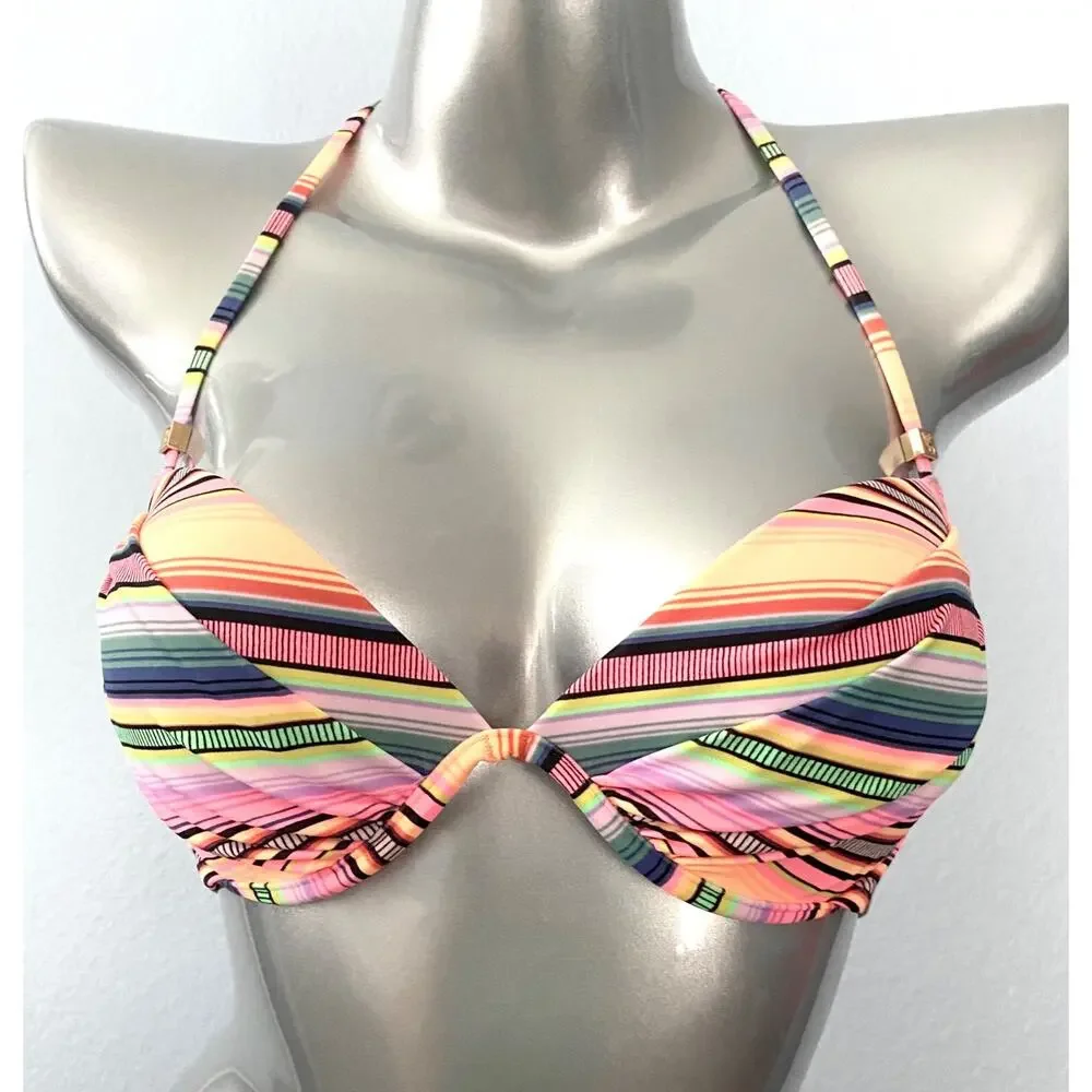 Victoria's Secret Nwt The Tease Halter Striped Lightly Lined Swim Bikini Top 32C